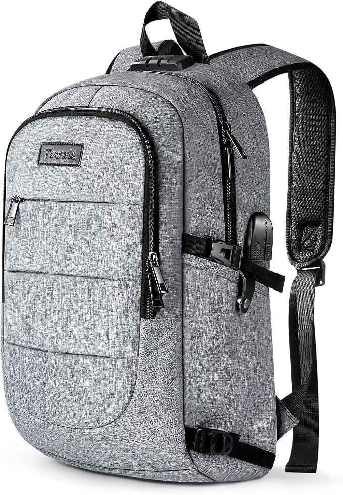 Tzowla Travel Laptop Backpack Water Resistant Anti-Theft Bag with Giant Tumbler Holder Pocket and Lock 17.3 Inch Computer Business Backpacks for Women Men Work College Gift,Casual Daypack(Grey) by Tzowla