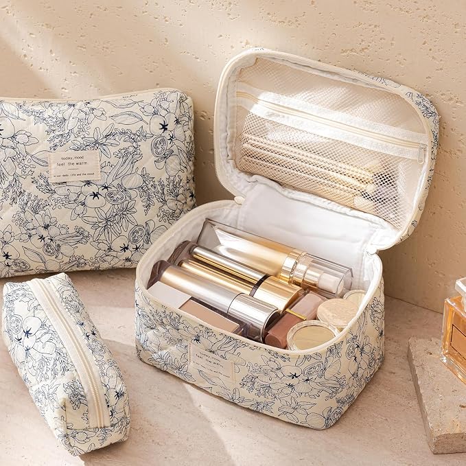 HBselect Quilted Makeup Bag, 3Pcs Cotton Large Travel Makeup Bags Organizer | Cute Floral Make up Bag Cosmetic Bag Toiletry Bag for Women Girls, Makeup Pouch for Skincare, Brushes & Travel Essentials - Image 3