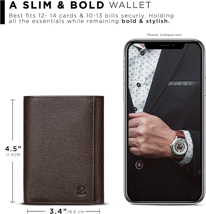 SERMAN BRANDS Trifold Wallet for Men - RFID Blocking Full Grain Leather, 11 Card Slots & ID Window, Slim Everyday Carry, Durable Stitching, Gift for Him - Image 3
