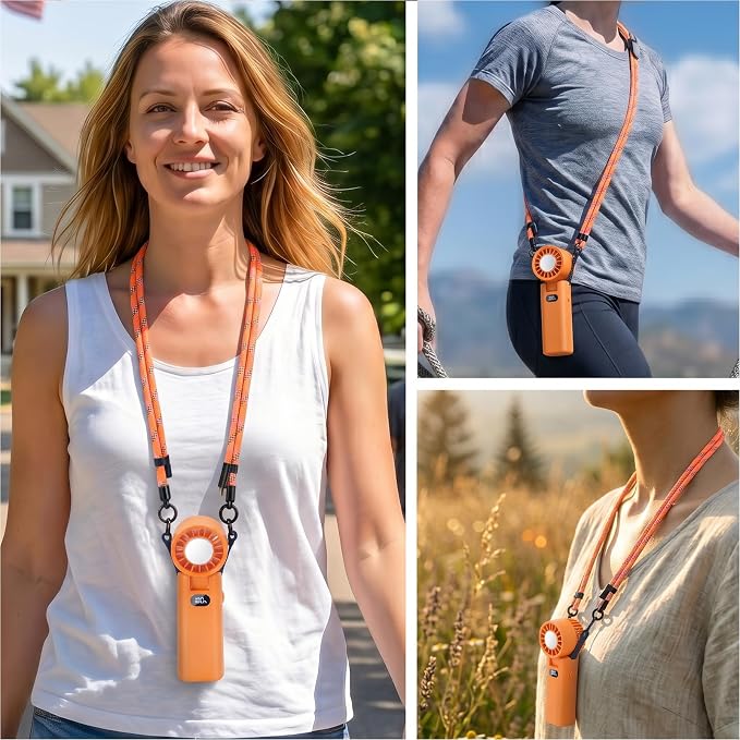 fygurso Personal Portable Clip-on Handheld Fan Rechargeable, Orange | Neck-Crossbody fit lanyard. Detachable clip. 10H battery. LED monitor. 5-Speed from 30dB low noise to 10000rpm blast. - Image 5