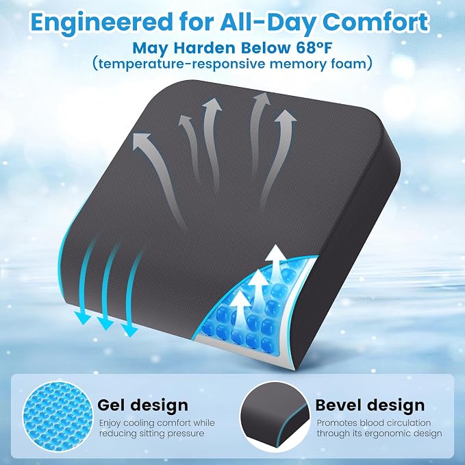 Wheelchair Seat Cushion - Cooling Gel & Memory Foam Office Chair Cushion with Non-Slip Bottom & Washable Cover, Ergonomic Car Seat Pillow for Sciatica, Tailbone, Back Comfort (Grey) - Image 6