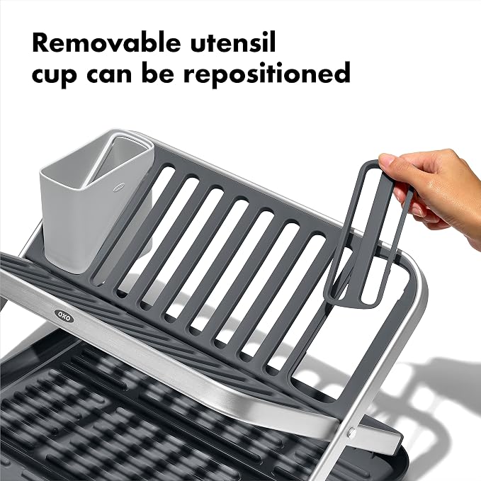 OXO Good Grips Aluminum Fold Flat Dish Drying Rack, 2-Tier, with Drainboard, for Kitchen Counter, Collapsible - Image 5