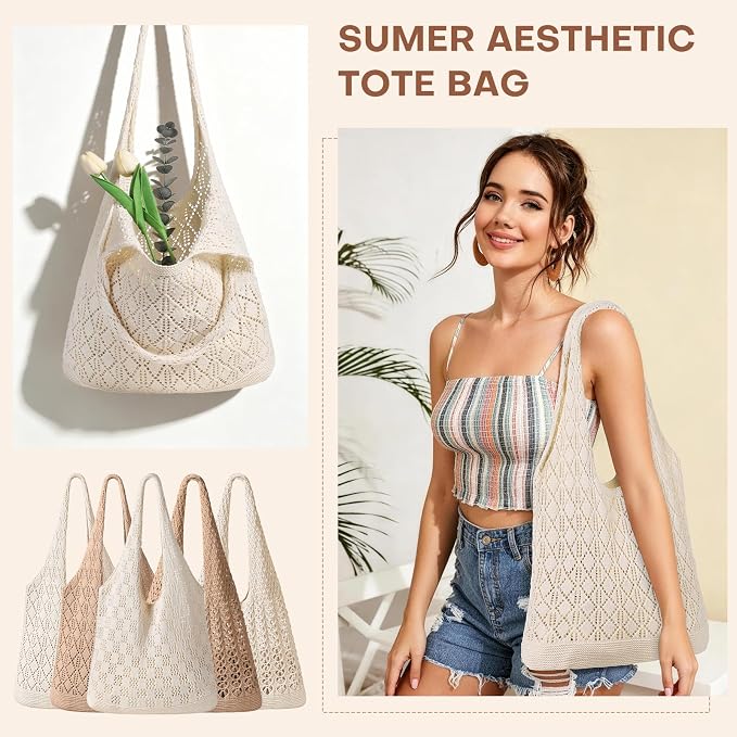 Sightor Crochet Tote Bag, Mesh Beach Bag Knit Summer Hobo Bag for Women | Beach Tote bag Vacation Outfits Aesthetic Boho Bag - Image 5