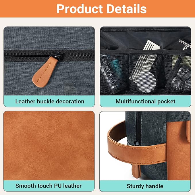 Elviros Travel Toiletry Bag for Men, Hanging Toiletries Bag Water Repellent Dopp Kit PU Leather Travel Bag for Toiletries Accessories, Navy Blue - Image 4