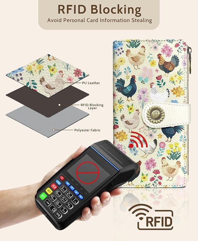 GIANCOMICS Chicken Rooster Womens Wallet RFID, Credit Card Holder Bifold | Billfold, Cute Cash Purse, Travel Zipper Coin Pocket, Compact Clutch, PU Leather, ID Window, 11 Card Slots, Ladies Gift Woman - Image 4