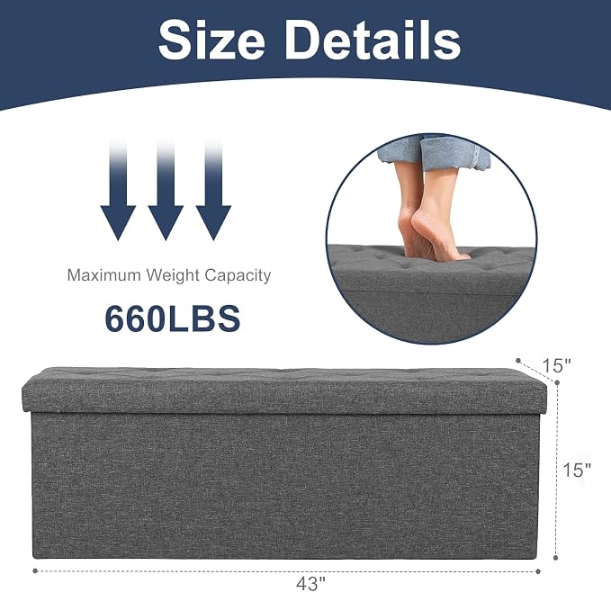 DUMOS 43 Inch Folding Storage Ottoman Bench, Large Ottoman with Storage | Storage Chest with Thicker Foam Padded Seat, End of Bed Foot Rest Stool for Bedroom Living Room Entryway, Load 660 lbs, Grey - Image 3