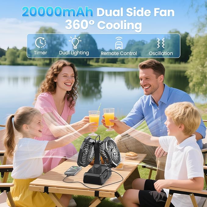 Dual Head Portable Rechargeable Fan 20000mAh Battery Powered Fan Cordless | with Dual Side LED Lantern & Remote, Auto Oscillation, Hook, Battery Operated for Tent Office Travel Camping Picnic - Image 2