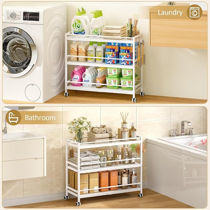 3-Tier Expandable Rolling Pantry Organizers and Storage Cart with Wheels, Adjustable Pantry Floor Organizer, Snack Cart for Pantry, Kitchen Storage Cart with 4 Hooks for Snack, Food, Vegetables, White - Image 7