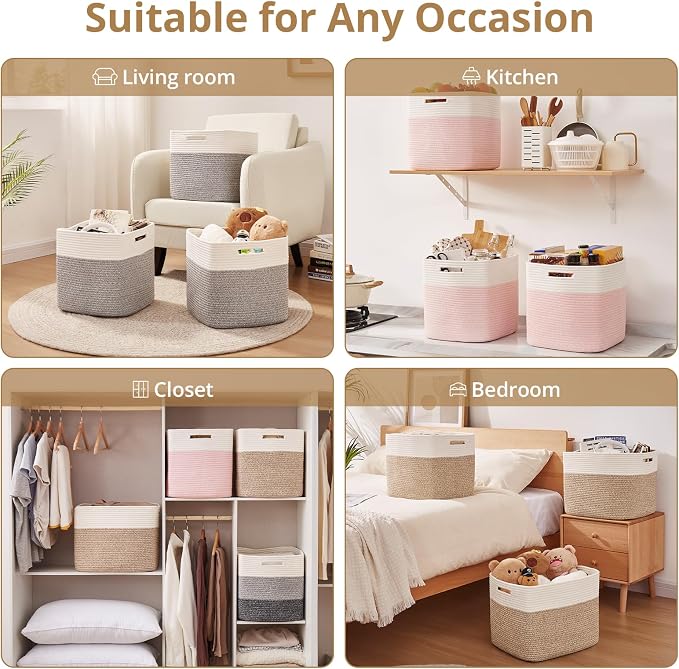 OIAHOMY 13 Inch Cube Storage Bins, 3-Pack Cotton Rope Woven Baskets for Organizing, Insert Storage Baskets for Shelves, Baby Nursery, Closet Organizer, 13 * 13 * 12.6IN, Pink & White - Image 6