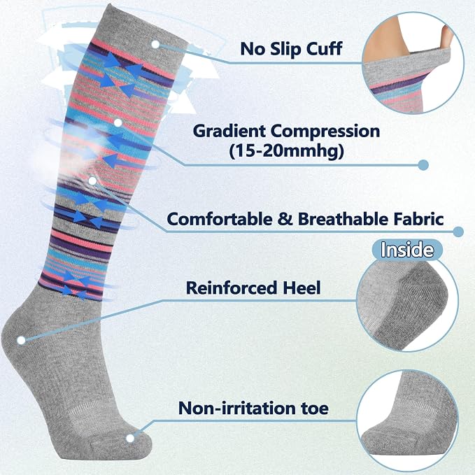 +MD Cotton Compression Socks for Women & Men 4/6 Pairs 15-20mmHg Knee High for Sports, Travel, Nursing Long Sitting Standing - Image 2