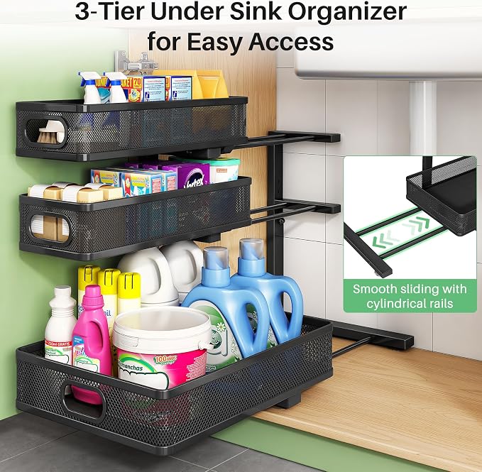Kitstorack Under Sink Organizer, 2-Pack 3-Tier Height Adjustable Thickened Metal Pull out Cabinet Organizer Shelf, Slide out Storage Drawer Rack for Bathroom Kitchen Pantry Home Laundry Organization - Image 8