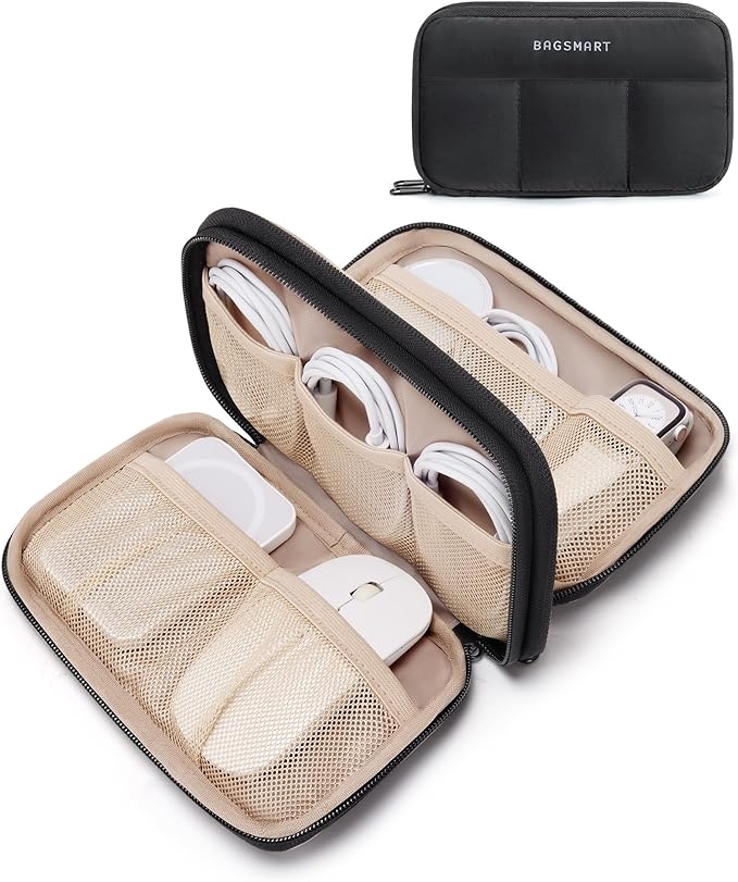 BAGSMART Electronics Organizer Travel Case for Cords Chargers Phones, Black | Puffy Padded, Travel Essentials, Cord organizer bag for Cables, Compact Tech Accessories Pouch by BAGSMART