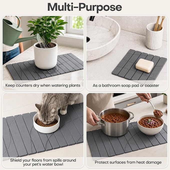 Extra Large Stone Dish Drying Mat for Kitchen Counter, Quick Dry Stone Dish Mats, Foldable Water Absorbing Diatomaceous Drying Pad for Countertop Bottles Utensils Bathroom (Flow Line Gray 32"x16") - Image 6