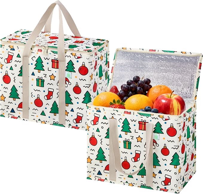 VENO 2 Pack Insulated Cooler Bag for Food Delivery, Reusable Grocery Bag | Heavy Duty Large Collapsible Cooler Shopping Tote w/ Zippers, Foldable, Stands Upright for Camping Picnic(Jingle Mix, 2 Pack) by Veno