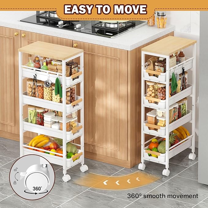 SUNALLY Slim Storage Cart with Wheels, Narrow Kitchen Rolling Cart, White | 5-Tier Skinny Rolling Cart with Wooden Top & Lockable Wheels, Storage Organizer for Bathroom, Laundry Room, Narrow Space - Image 4