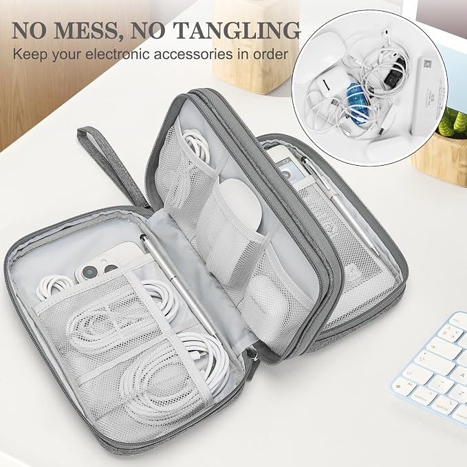 FYY Electronic Organizer, Travel Tech Pouch Bag, Large, Dark Grey | Wrist Strap, Waterproof, Double Layers Portable Electronics Travel Carrying Case for Cord, Charger, Daily Business Trips Use - Image 5