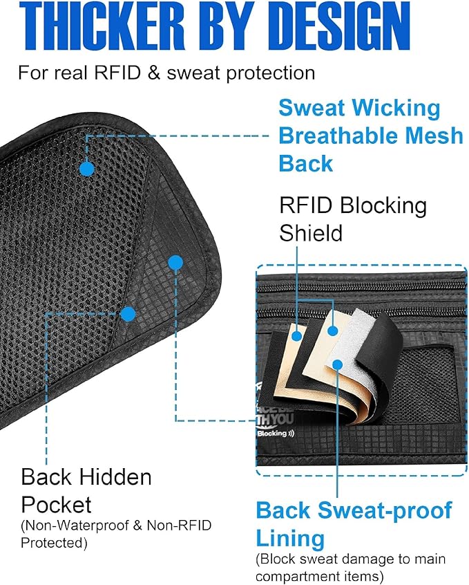 Money Belt for Travel, Passport Holder, RFID Blocking, Sweat-Proof, Black | 3rd Gen Hidden Waist Wallet Anti Theft to Protect Cash, Credit Cards and Documents Under-Clothes for Men & Women, Bamneat - Image 5