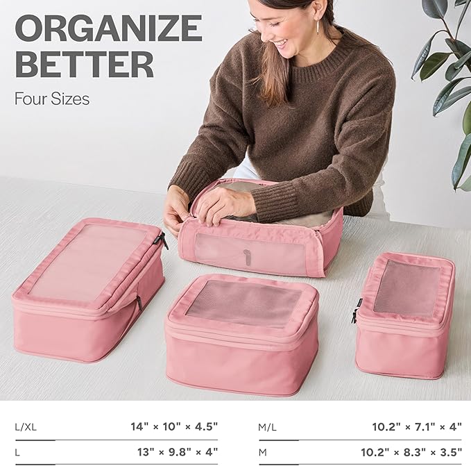 Compression Packing Cubes for Travel, 4-Pack, Pink | Solves overpacking, 4-Piece set fits most carry-ons, 50% Space savings, Compression luggage organizer bags - Image 3