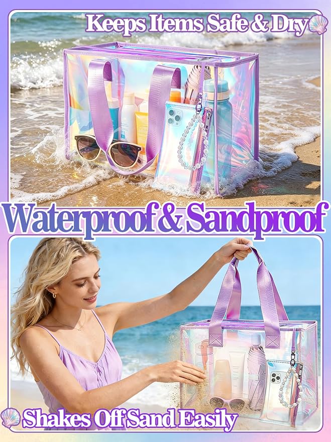Cosweet Iridescent Beach Tote Bag with 3 Small Pouch for Women | 26L Waterproof Clear Jelly Bag, Tip-Proof Foldable, Small Pouch for Phone Makeup, for Pool Cruise Travel Gifts - Image 2