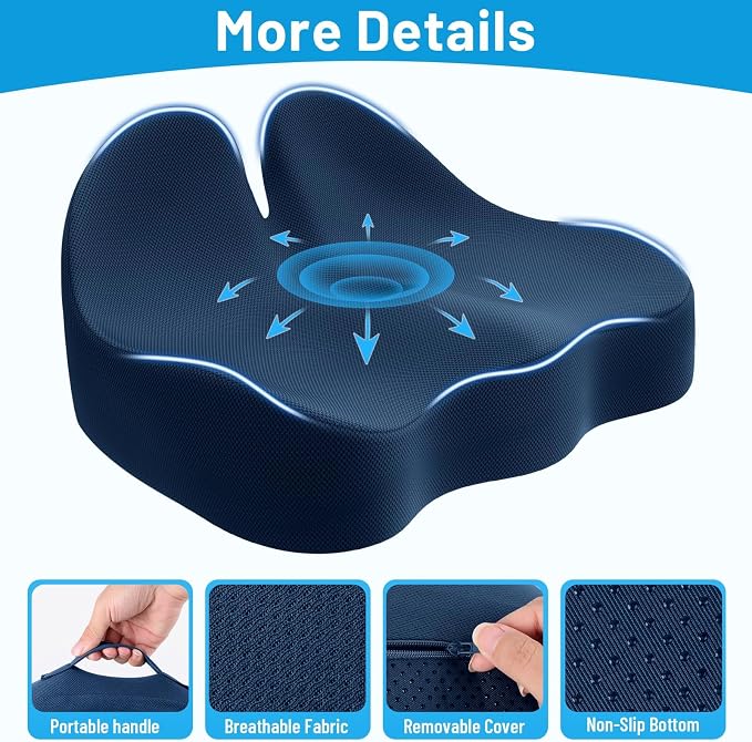 Memory Foam Seat Cushion, Ergonomic Office Chair Cushion for Long Sitting | Curved Tailbone Support Cushion for Car, Desk Chair and Wheelchair, Coccyx Comfort Pad with Breathable Cover, X-Large, Blue - Image 3