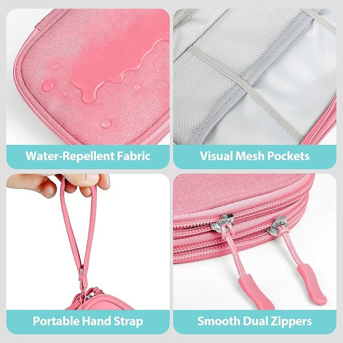 Travel Electronics Organizer, Double Layer Tech Pouch, Pink | Water-resistant Oxford fabric with padded lining. 8 compartments hold chargers and 3ft+ cords. Includes 8 cable ties. - Image 4
