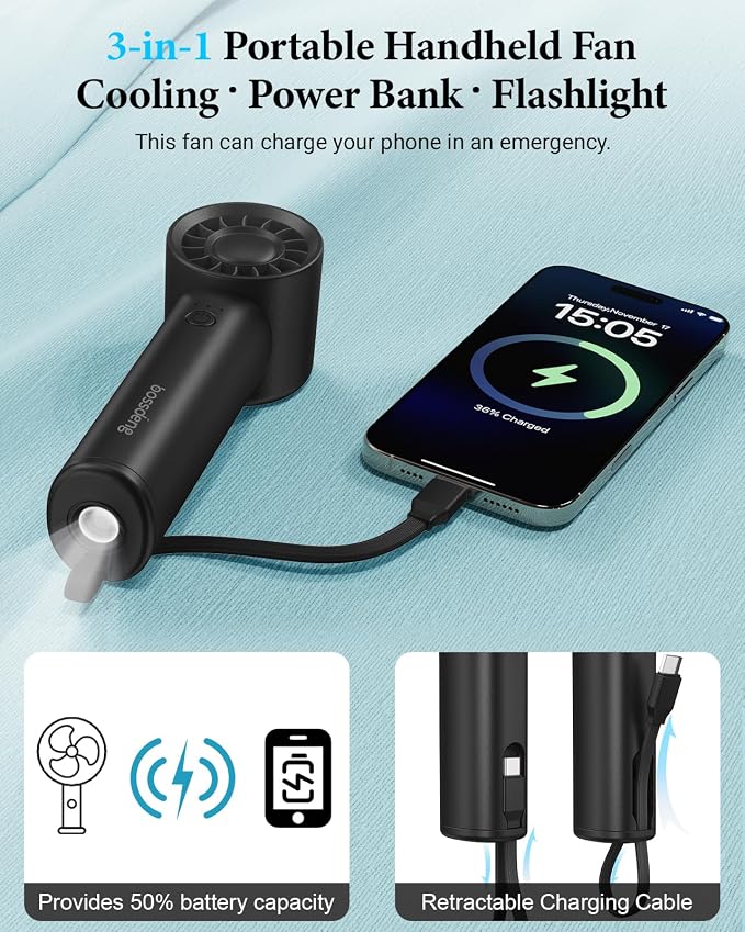 Portable Fan with Power Bank & Flashlight-Black | 6.5H Max Cooling,USB-C Rechargeable,Mini Fan for Outdoor/Travel/Beach/Concerts/Summer.Gifts for Girl,Women. - Image 3