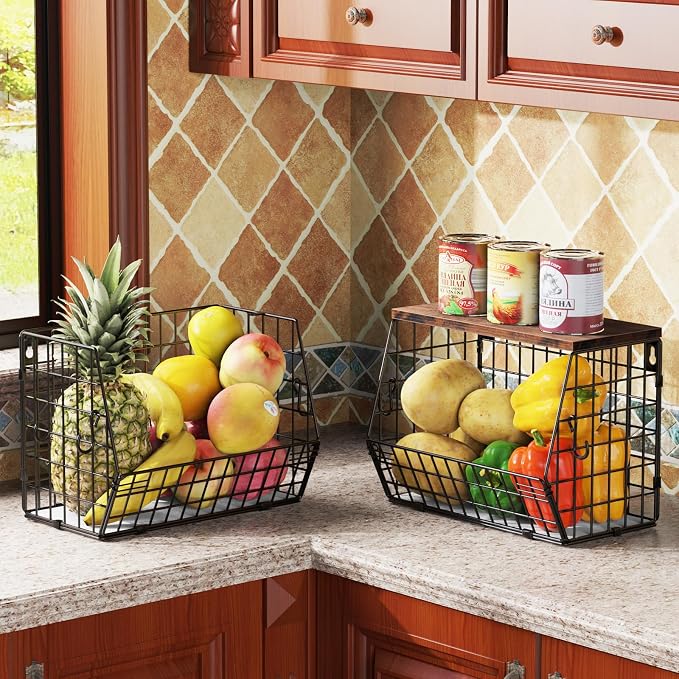 Wawocs Fruit Basket for Kitchen Counter, Fruit Bowl Stackable Wall Mounted Hanging Fruit Basket Wire Basket with Wood Lid with Banana Hanger Hooks, Onion,Potato,Fruit and Vegetable Storage - Image 6