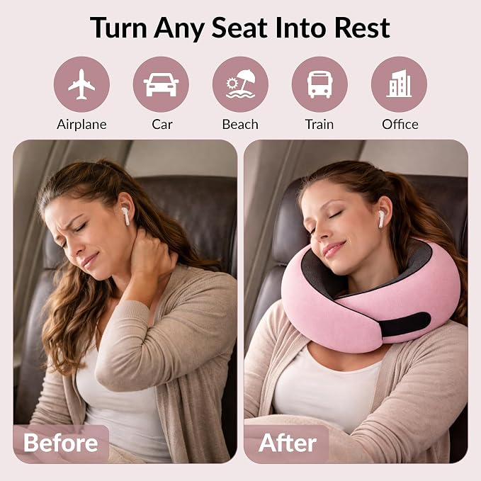 Travel Neck Pillow,Ergonomic 360° Memory Foam Support for Head, Neck. Adjustable for Long Flights. Soft &Washable Cover, EVA Box, 3D Eye Mask, Earplugs, Hair Tie & Luxury Bag (Pink) - Image 3