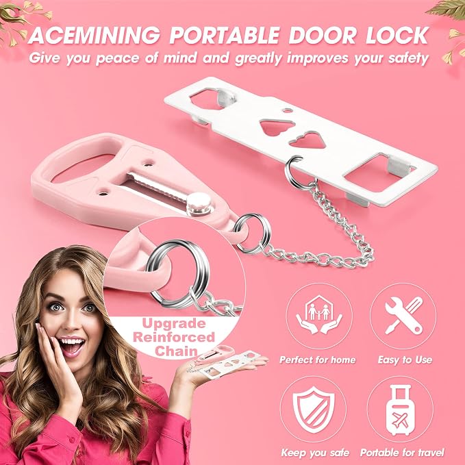 AceMining Portable Door Lock, Hotel Travel Door Lock Security | Hotel Safety Device for Door Security, Portable Lock for Hotel Room, Apartment, College Dorm and Travel, Pink - Image 2
