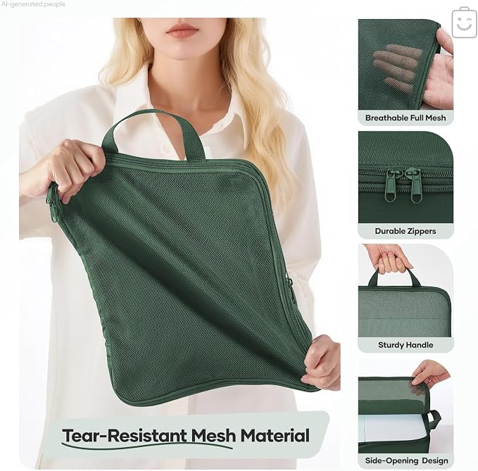 Veken 11 Set Compression Packing Cubes Garment Bags for Travel Essentials,Compressible Expandable Luggage Organizer Bags for Clothing,Space Saver Bags with Over 1000 pcs of Mesh Holes(Dark Green) - Image 5