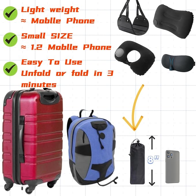 Portable Travel Sleep Comfort Set for Plane 2 Inflatable Travel Pillows,Foot Rest Hammock,Eye Mask Ear Plugs for Airplane Flight Essentials for Seat Airplane Gadgets for Sleep Comfort Kit - Image 9