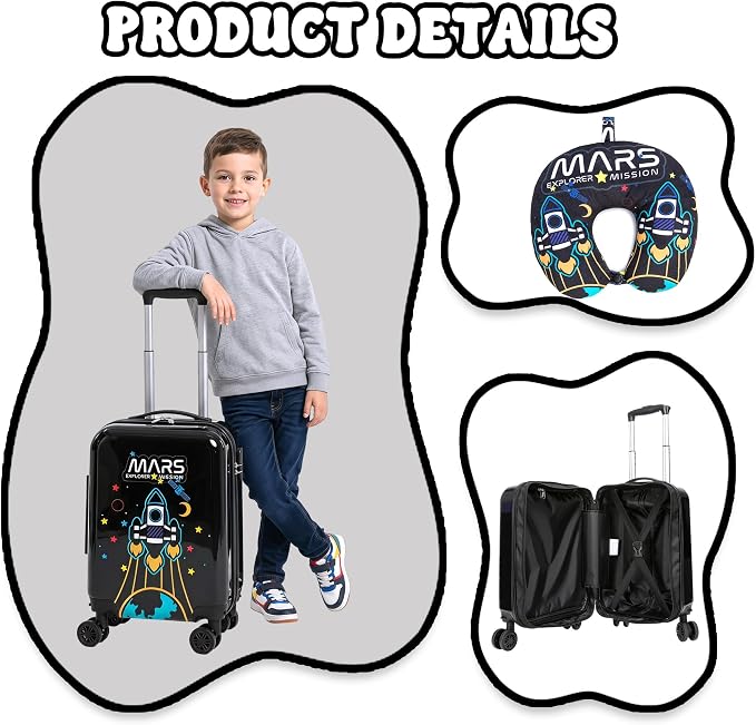 Kids Carry on Luggage Sets Boys Small Hardshell Suitcases with Wheels Toddler Suitcase Set 2 Piece Neck Pillow Airplane Kid's Traveling Essentials 16 Inches - Image 5