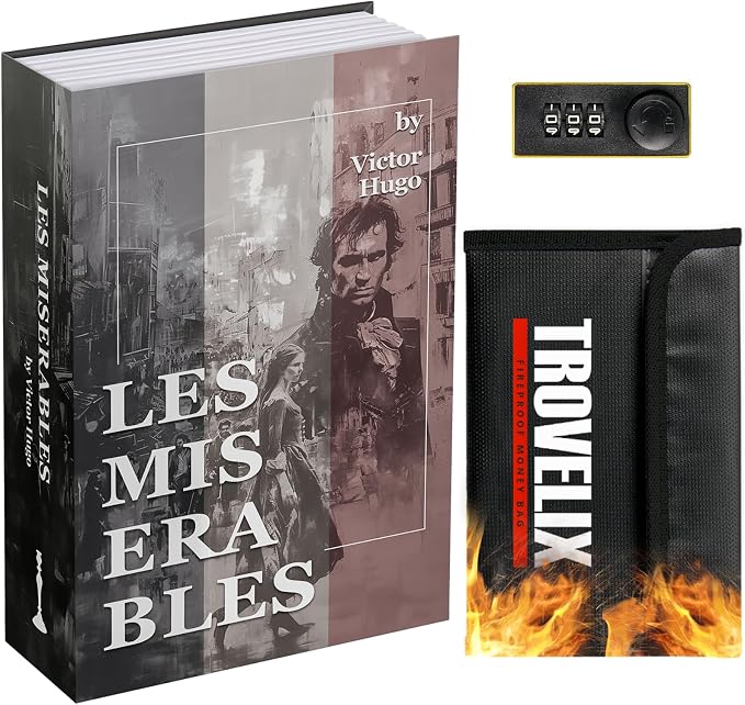 Book Safe with Combination Lock, Hidden Safe (9.5 x 6.2 x 2.2 Inch) with Fireproof Bag, Secret Diversion Safe, Hollow Book Box Hidden Storage, Money Safe Box for Cash(Les Mis) by KOFAIR