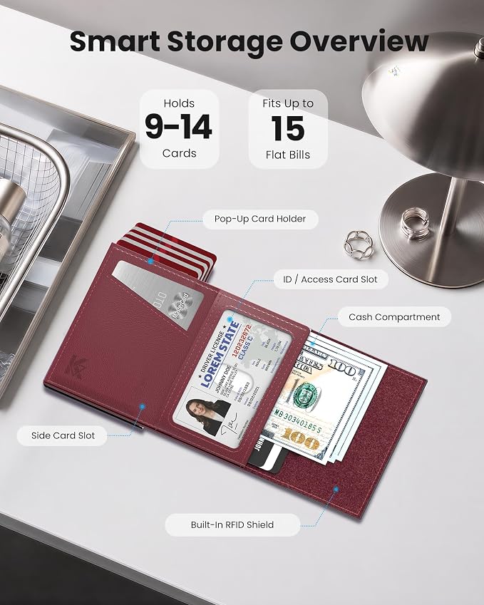 Small Wallet for Women: Slim Pop-Up Card Holder with RFID Blocking, ID Window and Cash Slot for Small Bags, Wine Red - Image 4