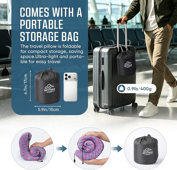 SkytraxComf® Travel Neck Pillow with Hood for Privacy on Long Flights | Memory Foam | Airplane Sleep | Safety-Tested Materials | Extra Large Hood | Chin Support | Earplugs | Washable Cover - Image 8