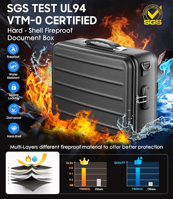 Fireproof Document Box with Lock, Hard-Shell Fireproof Safe Box | Fire proof Lock Box for Home Documents, Portable Travel Fire Proof File Box for Passport Laptop Certificates, Black - Image 2