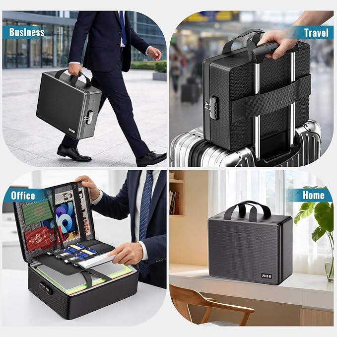 Fireproof Document Box with Lock, Hard-Shell File Organizer, Black | Water-Resistant Zipper,Letter Size,Large Capacity,Portable Safe Storage for Important Paperwork,Passports,Certificates - Image 7