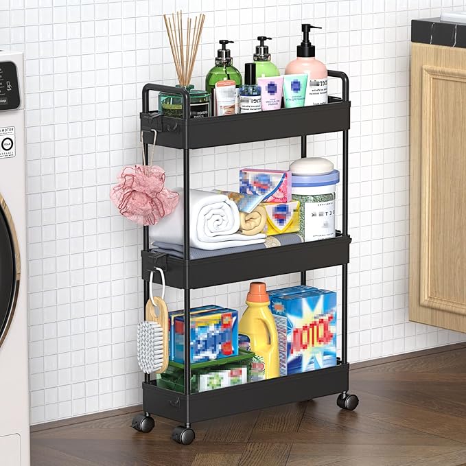 SOLEJAZZ Slim Rolling Storage Cart Skinny Bathroom Organizer, 3 Tier, Black | Thin utility cart with wheels for bathroom, laundry room, bedside, kitchen, dorm, office, next to fridge, small narrow places by SOLEJAZZ