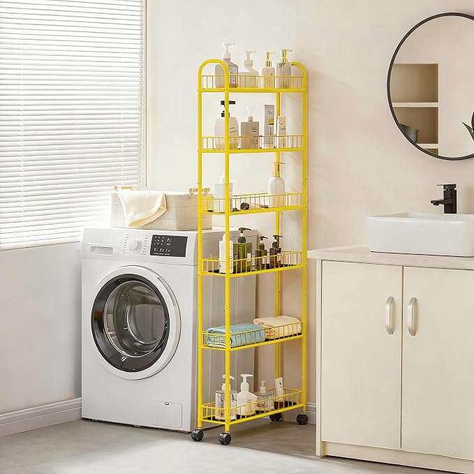 6-Tier Slim Storage Cart with Wheels, Metal 6in Narrow Rolling Shelf, Sturdy Slim Storage with Hooks Ideal for Kitchen, Bathroom, and Laundry Room, Yellow - Image 5