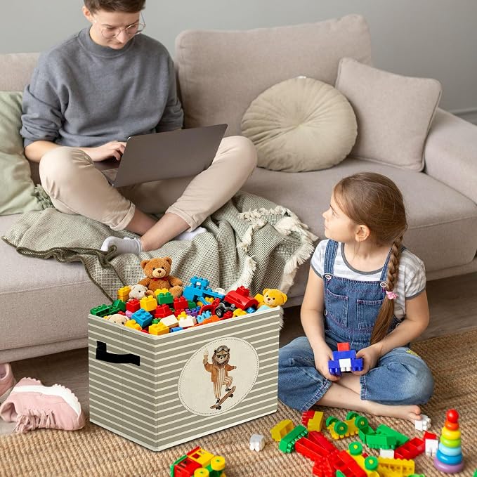 Rustic Lion Skateboarding Storage Bins Boxes with Handles | toys books clothes, grey striped nursery foldable basket for organizing bedroom toddler room playroom - Image 4