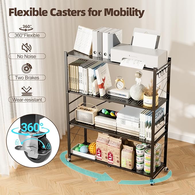 39.4" Wide 4-Tier Foldable Storage Shelves with Wheels & 20 Hooks | Heavy Duty Metal Folding Shelf Unit, No Assembly, Adjustable 3rd Shelf for Kitchen, Garage, Pantry, Bookshelf, Black - Image 5