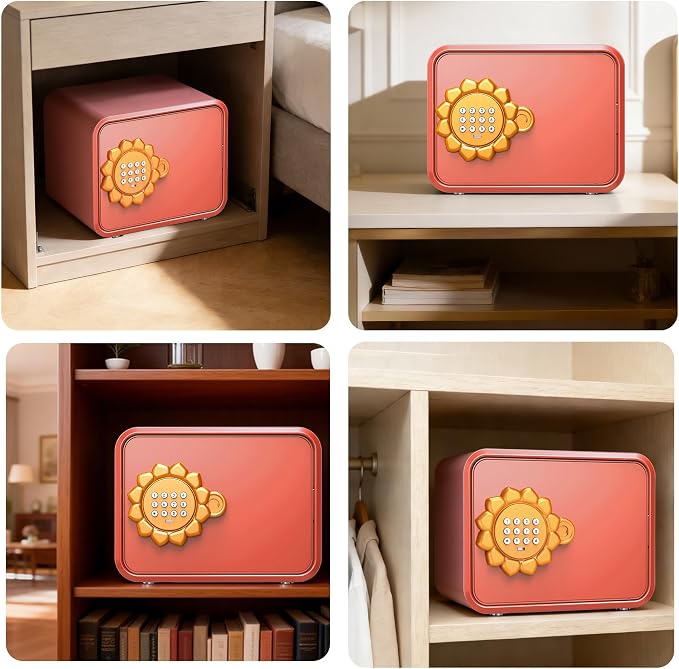 Pink Sunflower Mini Steel Safe with Auto Door & Coin Slot, Small Safe Box for Cash, Jewelry, Personal, Cosmetics & Goal Savings, for Kids, Teens & Renters, Home, Office, Hotel Use - Image 6