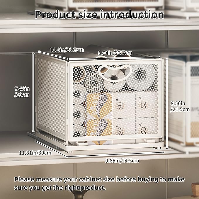 2 Pack Pull Out Cabinet Organizer, No Drill Adhesive Sliding Drawers for Kitchen, Metal Mesh Wire Storage Shelf for Pantry & Under Sink, White (9.6" W x 11.8" D x 8.4" H) - Image 2