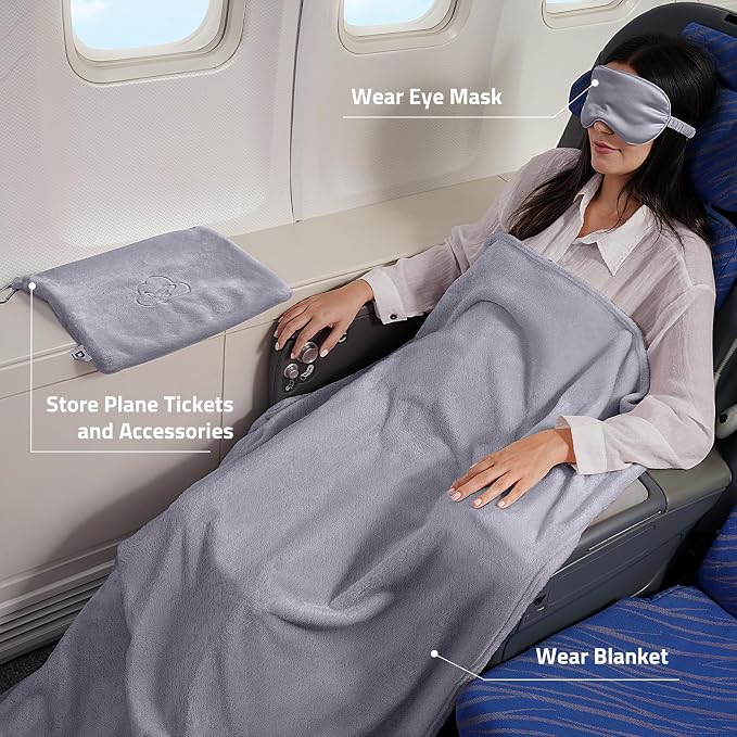 Travel Blanket Pillow,Airplane Blanket Compact with Bag Eye Mask, Ultra-Soft,Warm & Lightweight Included,Travel Essentials for Women & Men, Luggage Sleeve & Backpack Clip 65x40 in, Grey - Image 2