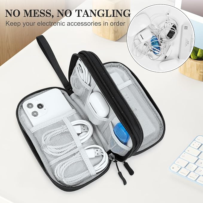 FYY Electronic Organizer, Travel Tech Pouch, Cable Organizer Black Quilted | Wrist Strap, Waterproof, Double Layers Portable Electronics Travel Carrying Case for Cord, Charger, Daily Business Trips Use - Image 5