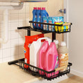 Under Sink Organizer, Adjustable 2 Tier Pull Out Kitchen Bathroom | cabinet organizer, 5 level adjustable, quiet sliding rails, dual suction and nano tape, no drill, rust resistant holds 50 lbs by REALINN