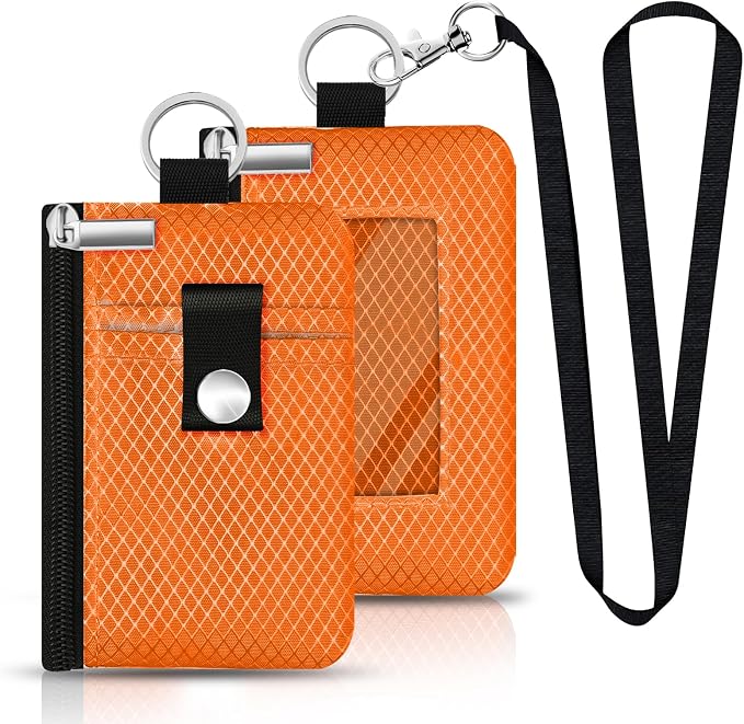 Minimalist RFID Blocking Small Wallet with ID Window,WaterResistant Zip Id Case Wallet with Lanyard Keychain for Cards,Cash,Travel,Women,Men (Orange) - Image 3