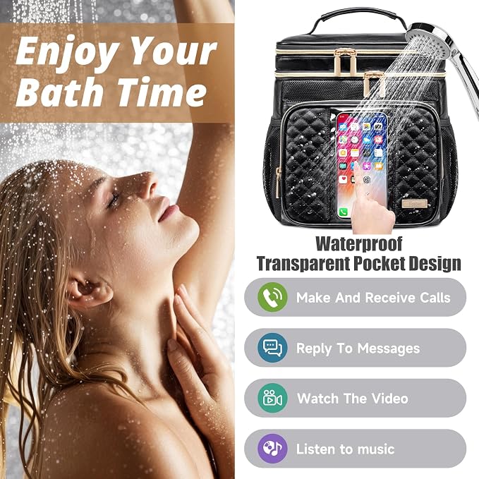 Large Leather Toiletry Bag for Women Men,Bathroom Bag,Water Resistant Shower Bag,Makeup Bag,Portable Shower Caddy for College Dorm,Hanging Travel Toiletry Bag with Transparent Waterproof Phone Pocket - Image 3