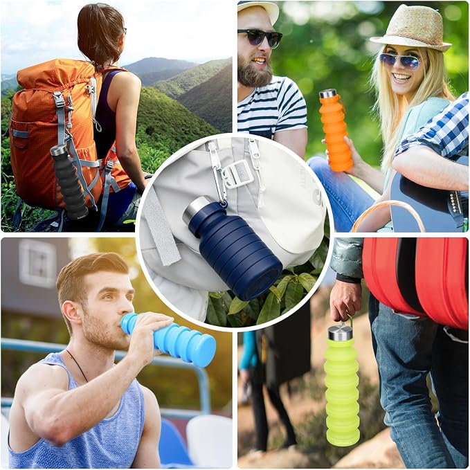 Nefeeko Collapsible Water Bottle, Reuseable BPA Free Silicone Water Bottles | Foldable Water Bottles for Travel Gym Camping Hiking, Portable Leak Proof Sports Water Bottle with Carabiner - Image 8
