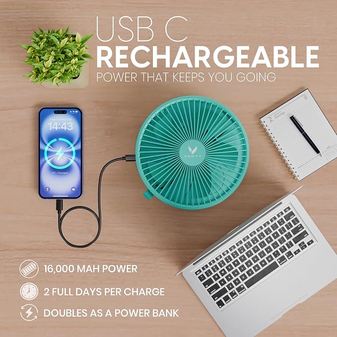 VENTY Portable Fan - Wireless Battery Operated Fan - 4 Speeds - LED Lighting - Carry Case & Remote Control - Cruise Travel - Outdoor Travel RV Power Bank With USB-C Port (Mint with Case) - Image 7